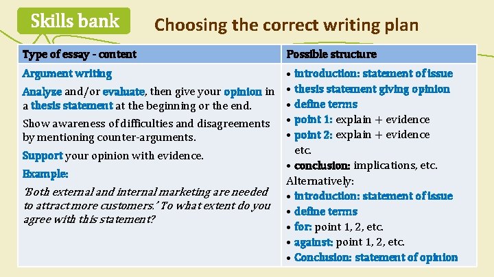 Skills bank Type of essay - content Choosing the correct writing plan Possible structure