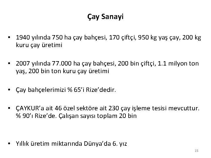 Çay Sanayi • 1940 yılında 750 ha çay bahçesi, 170 çiftçi, 950 kg yaş