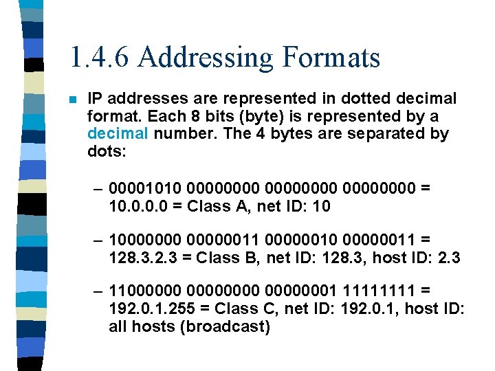 1. 4. 6 Addressing Formats n IP addresses are represented in dotted decimal format.