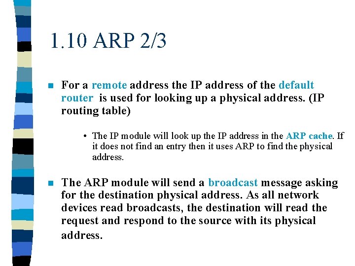 1. 10 ARP 2/3 n For a remote address the IP address of the