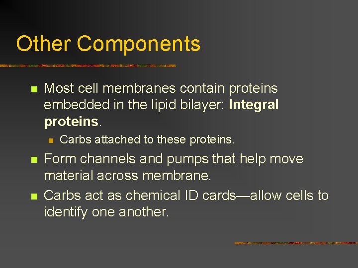 Other Components n Most cell membranes contain proteins embedded in the lipid bilayer: Integral