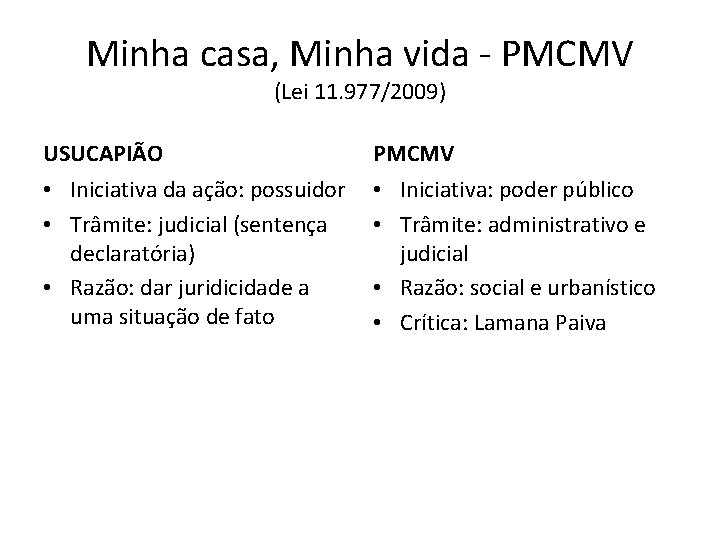 Minha casa, Minha vida - PMCMV (Lei 11. 977/2009) USUCAPIÃO PMCMV • Iniciativa da