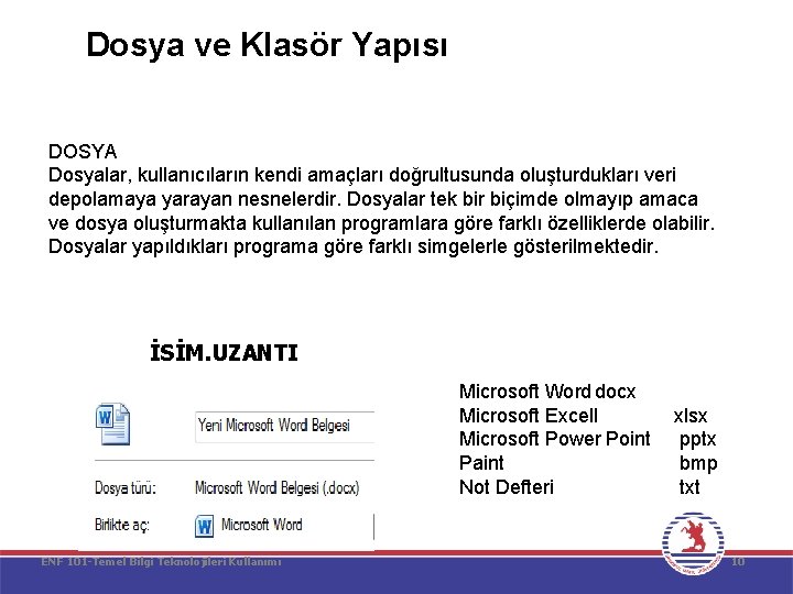 Dosya ve Klasör Yapısı DOSYA Dosyalar, kullanıcıların kendi amaçları doğrultusunda oluşturdukları veri depolamaya yarayan