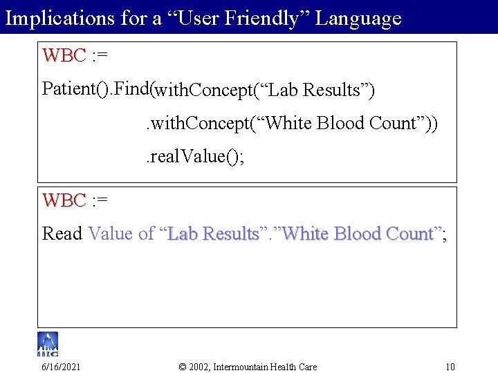 Implications for a “User Friendly” Language WBC : = Patient(). Find(with. Concept(“Lab Results”). with.