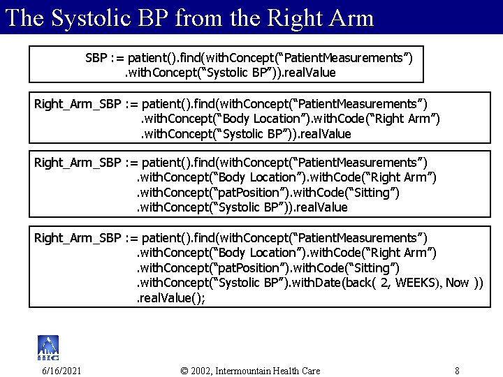 The Systolic BP from the Right Arm SBP : =the patient(). find(with. Concept(“Patient. Measurements”)