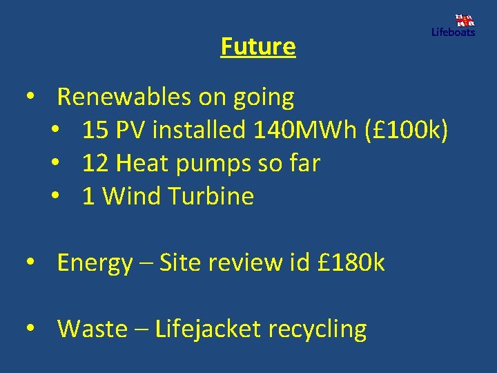 Future • Renewables on going • 15 PV installed 140 MWh (£ 100 k)