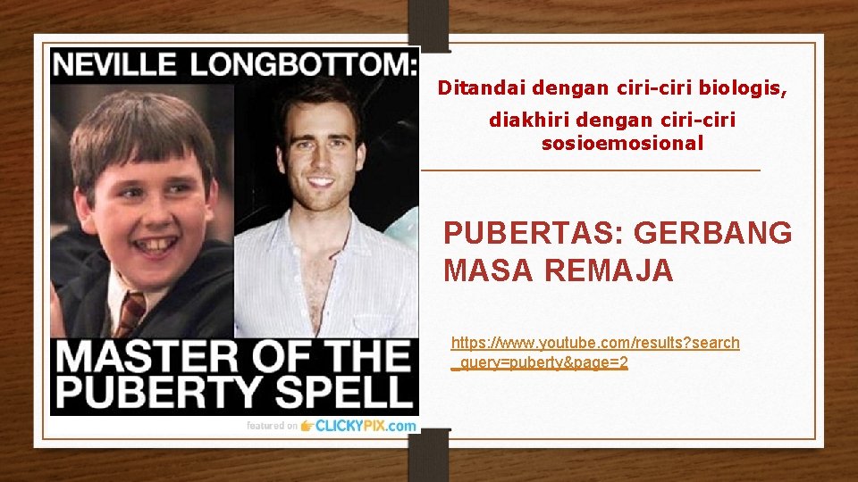 Ditandai dengan ciri-ciri biologis, diakhiri dengan ciri-ciri sosioemosional PUBERTAS: GERBANG MASA REMAJA https: //www.