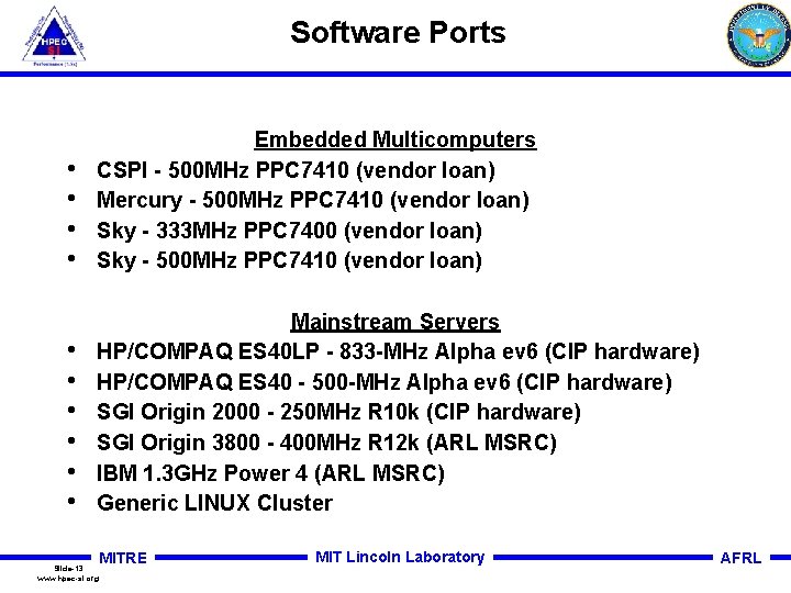 Software Ports • • Embedded Multicomputers CSPI - 500 MHz PPC 7410 (vendor loan)