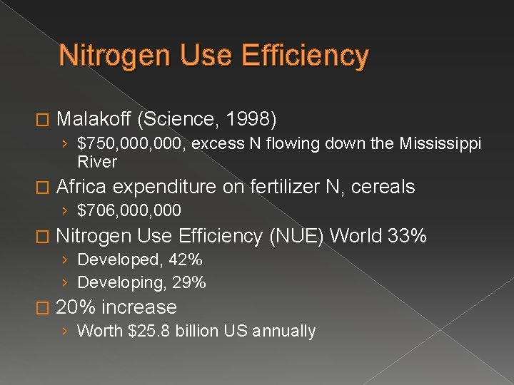 Nitrogen Use Efficiency � Malakoff (Science, 1998) › $750, 000, excess N flowing down