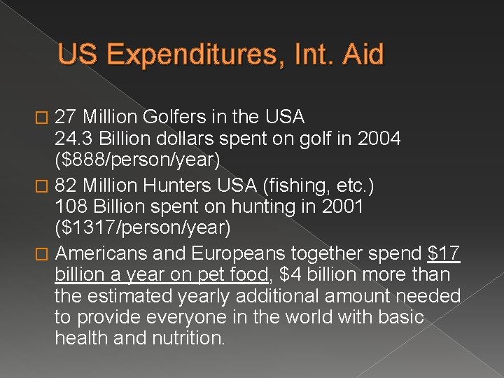 US Expenditures, Int. Aid 27 Million Golfers in the USA 24. 3 Billion dollars