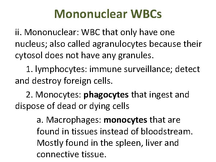 Mononuclear WBCs ii. Mononuclear: WBC that only have one nucleus; also called agranulocytes because