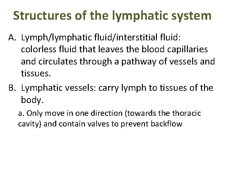 Structures of the lymphatic system A. Lymph/lymphatic fluid/interstitial fluid: colorless fluid that leaves the