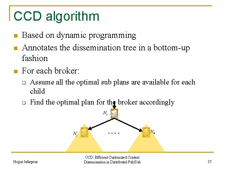 CCD algorithm n n n Based on dynamic programming Annotates the dissemination tree in