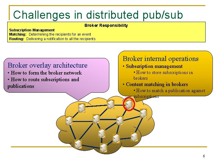 Challenges in distributed pub/sub systems Broker Responsibility Subscription Management Matching: Determining the recipients for