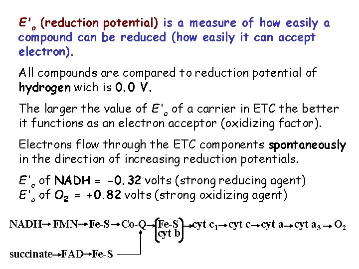 E'o (reduction potential) is a measure of how easily a compound can be reduced