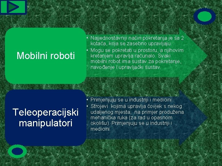 Mobilni roboti Teleoperacijski manipulatori • Najjednostavniji način pokretanja je sa 2 kotača, koja se