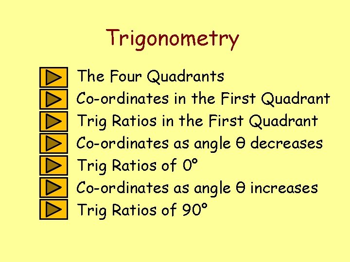 Trigonometry The Four Quadrants Co-ordinates in the First Quadrant Trig Ratios in the First Trigonometry The Four Quadrants Co-ordinates in the First Quadrant Trig Ratios in the First