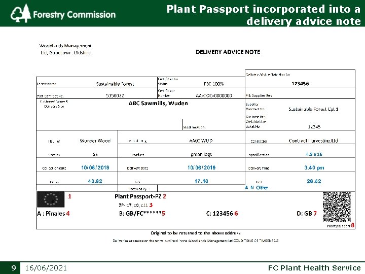 Plant Passport incorporated into a delivery advice note 9 16/06/2021 FC Plant Health Service