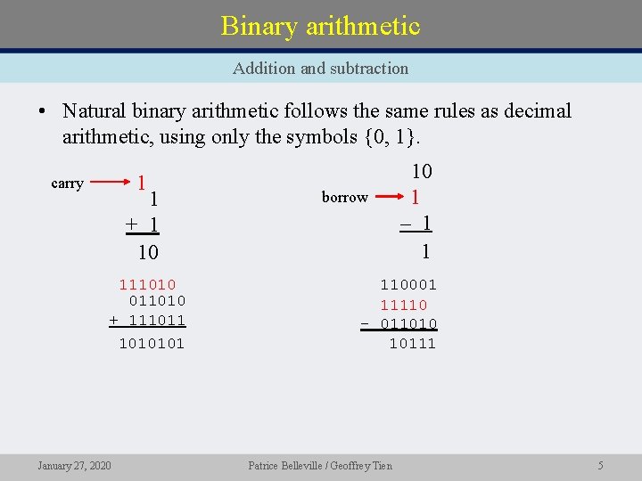 Binary arithmetic Addition and subtraction • Natural binary arithmetic follows the same rules as