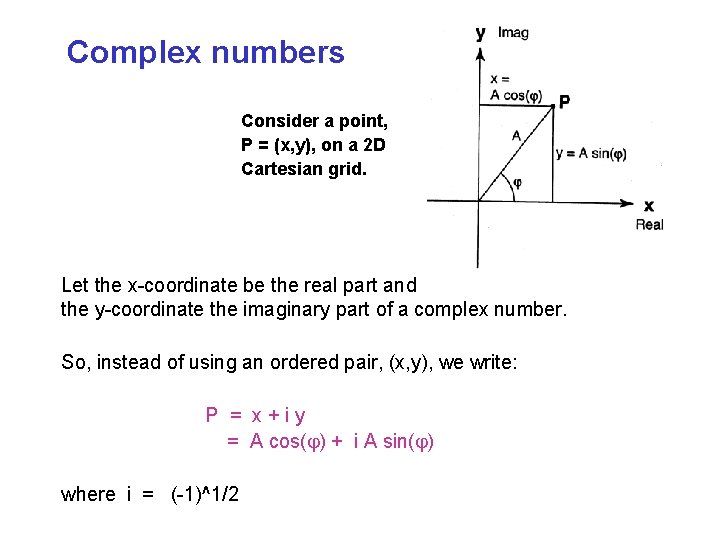 Complex numbers Consider a point, P = (x, y), on a 2 D Cartesian