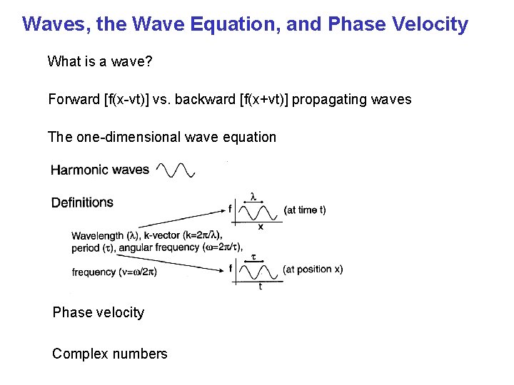 Waves, the Wave Equation, and Phase Velocity What is a wave? Forward [f(x-vt)] vs.