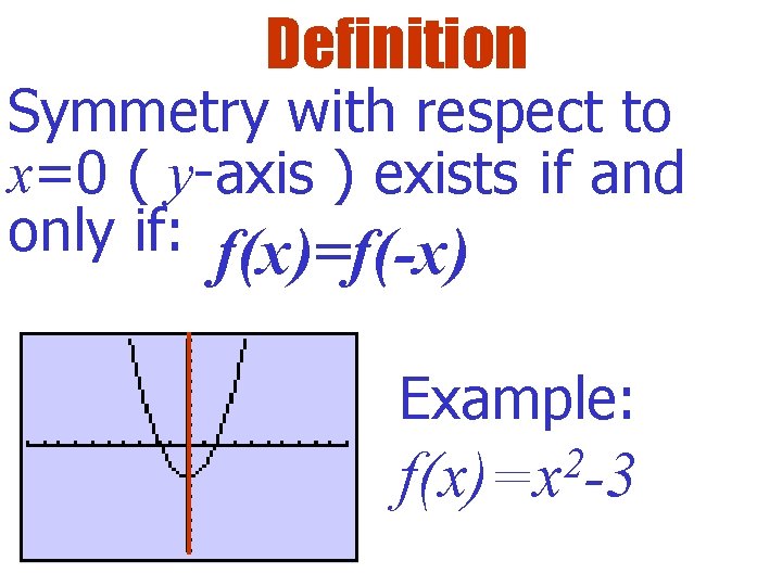 Definition Symmetry with respect to x=0 ( y-axis ) exists if and only if: