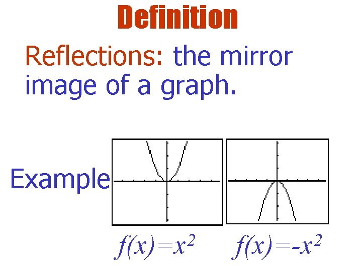 Definition Reflections: the mirror image of a graph. Example 2 f(x)=x 2 f(x)=-x 