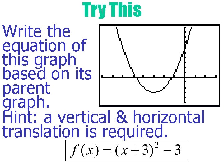 Try This Write the equation of this graph based on its parent graph. Hint: