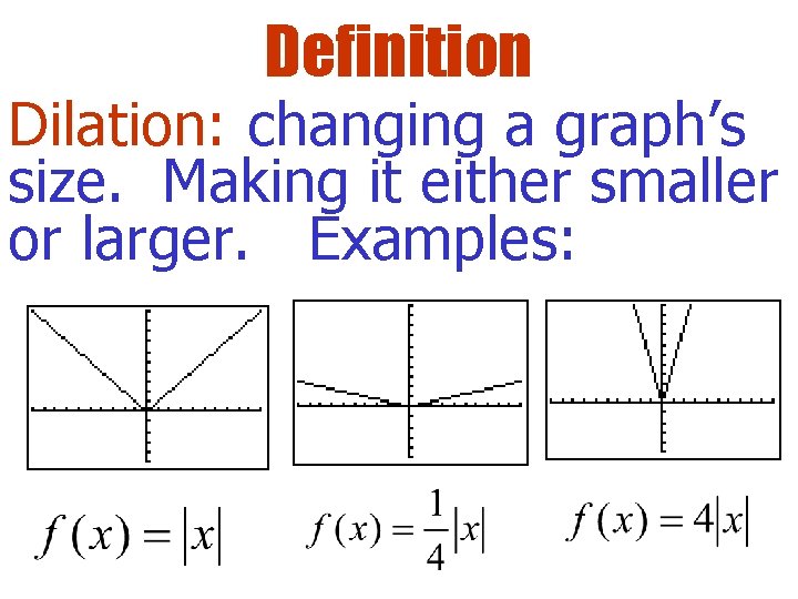 Definition Dilation: changing a graph’s size. Making it either smaller or larger. Examples: 