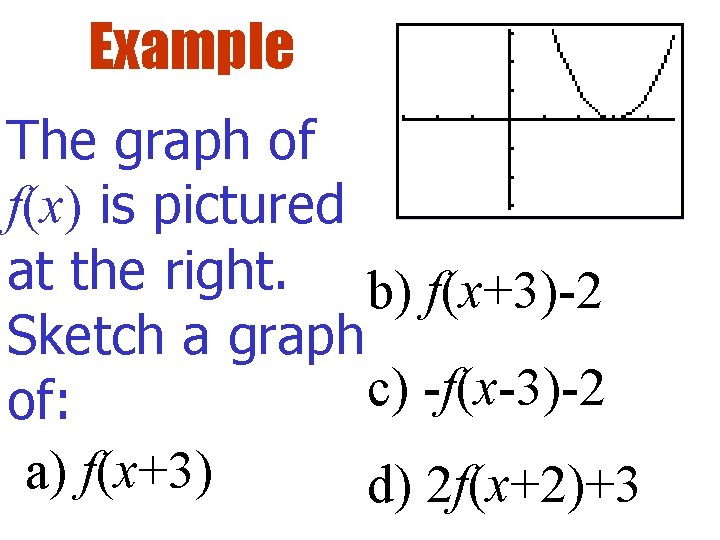 Example The graph of f(x) is pictured at the right. b) f(x+3)-2 Sketch a