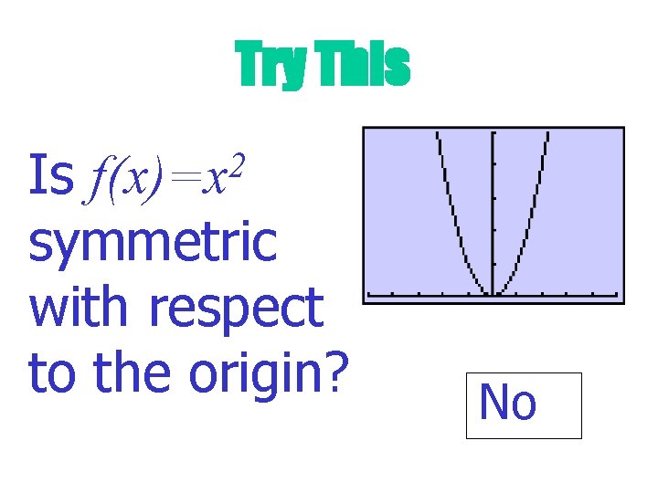 Try This Is symmetric with respect to the origin? 2 f(x)=x No 