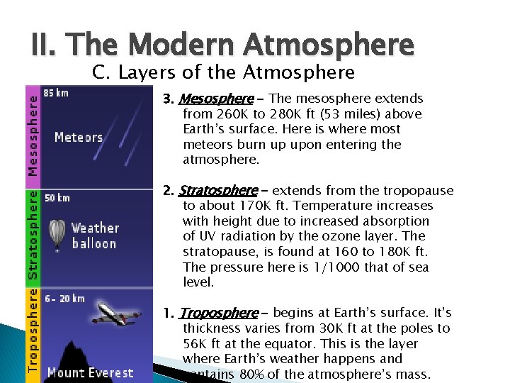 II. The Modern Atmosphere C. Layers of the Atmosphere 3. Mesosphere - The mesosphere
