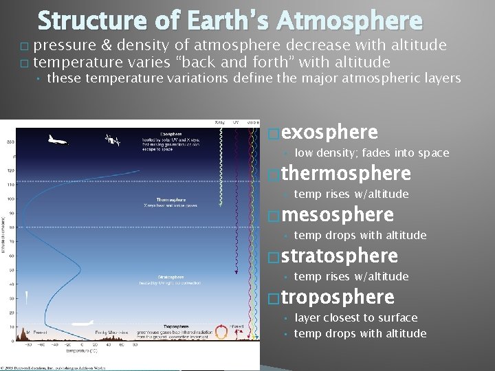 Structure of Earth’s Atmosphere pressure & density of atmosphere decrease with altitude � temperature