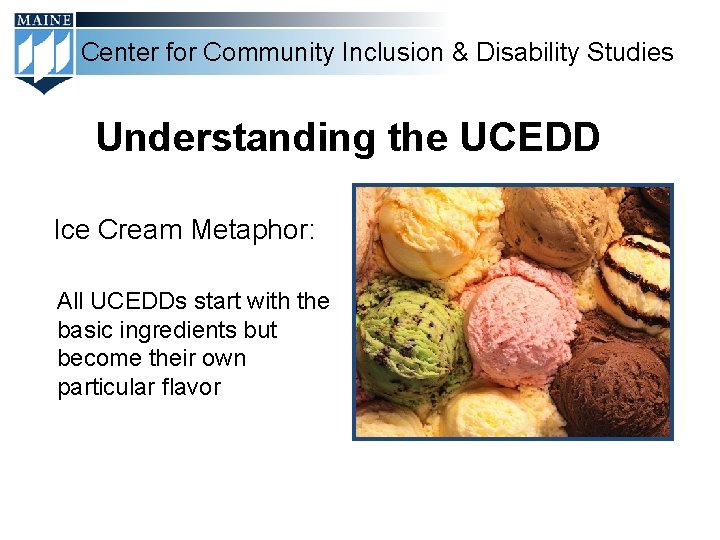 Center for Community Inclusion & Disability Studies Understanding the UCEDD Ice Cream Metaphor: All