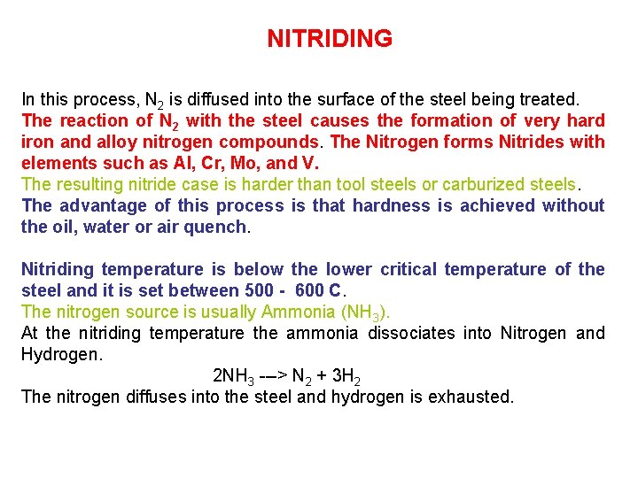NITRIDING In this process, N 2 is diffused into the surface of the steel
