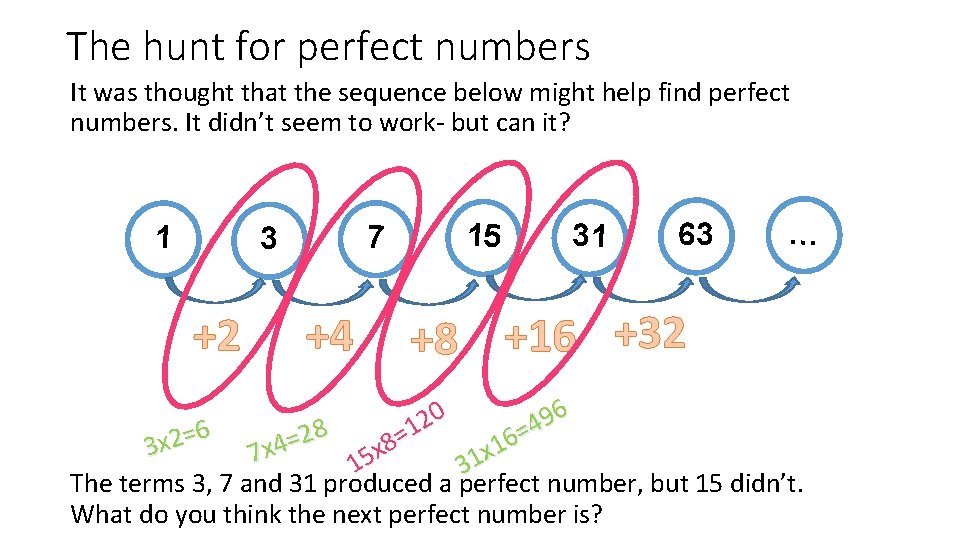 The hunt for perfect numbers It was thought that the sequence below might help The hunt for perfect numbers It was thought that the sequence below might help