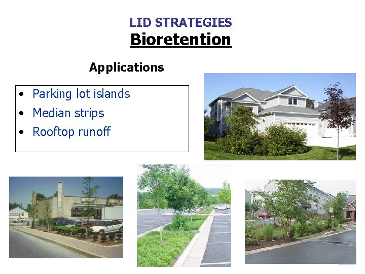 LID STRATEGIES Bioretention Applications • Parking lot islands • Median strips • Rooftop runoff