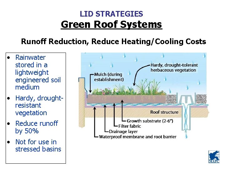 LID STRATEGIES Green Roof Systems Runoff Reduction, Reduce Heating/Cooling Costs • Rainwater stored in