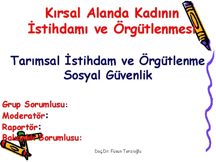 Kırsal Alanda Kadının İstihdamı ve Örgütlenmesi Tarımsal İstihdam ve Örgütlenme Sosyal Güvenlik Grup Sorumlusu: