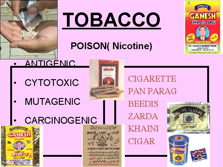 TOBACCO POISON( Nicotine) • ANTIGENIC • CYTOTOXIC • MUTAGENIC • CARCINOGENIC CIGARETTE PAN PARAG
