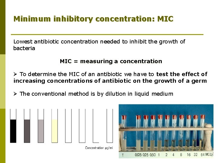 Minimum inhibitory concentration: MIC Lowest antibiotic concentration needed to inhibit the growth of bacteria