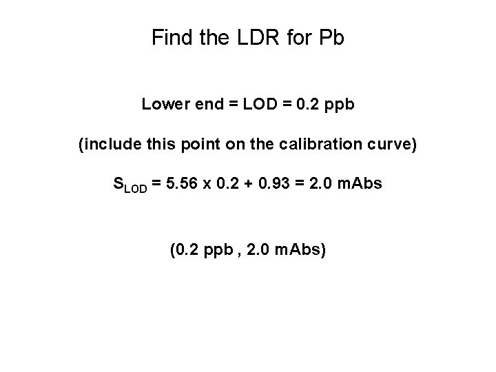 Find the LDR for Pb Lower end = LOD = 0. 2 ppb (include Find the LDR for Pb Lower end = LOD = 0. 2 ppb (include