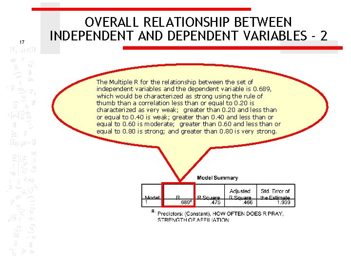 17 OVERALL RELATIONSHIP BETWEEN INDEPENDENT AND DEPENDENT VARIABLES - 2 The Multiple R for