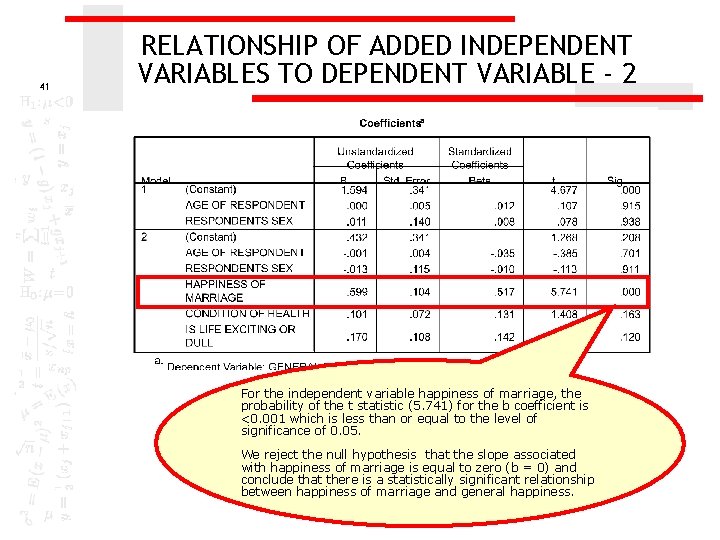41 RELATIONSHIP OF ADDED INDEPENDENT VARIABLES TO DEPENDENT VARIABLE - 2 For the independent