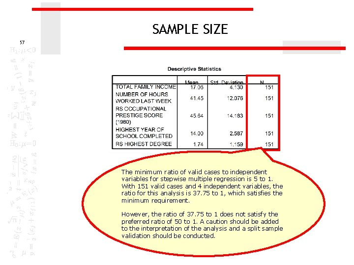 SAMPLE SIZE 57 The minimum ratio of valid cases to independent variables for stepwise