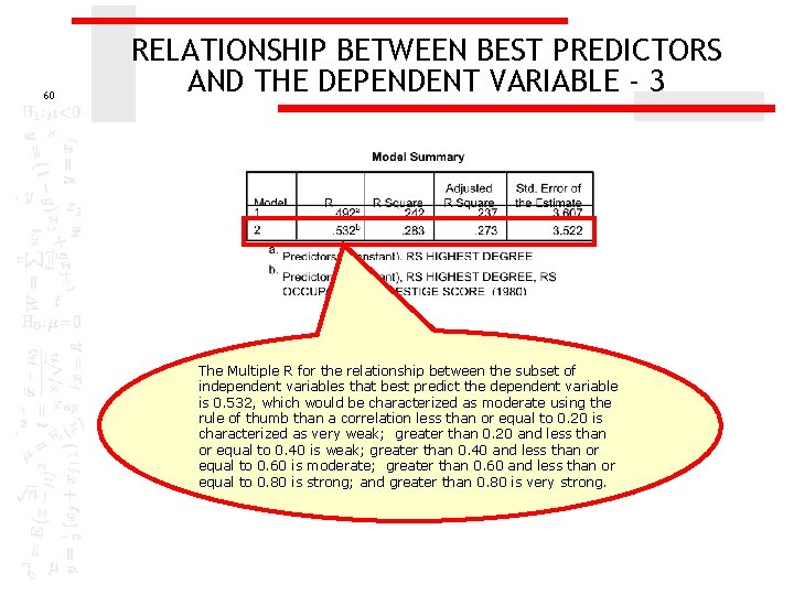 60 RELATIONSHIP BETWEEN BEST PREDICTORS AND THE DEPENDENT VARIABLE - 3 The Multiple R