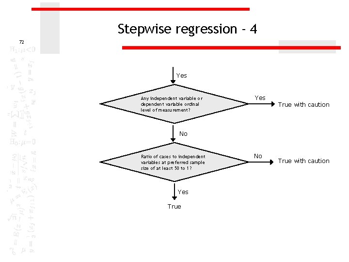 Stepwise regression - 4 72 Yes Any independent variable ordinal level of measurement? Yes