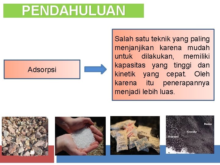 PENDAHULUAN Adsorpsi ADSORPSI Salah satu teknik yang paling menjanjikan karena mudah untuk dilakukan, memiliki