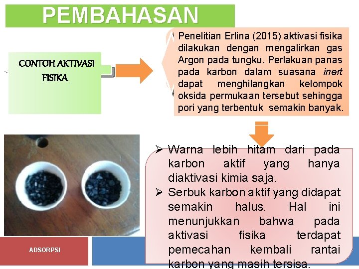 PEMBAHASAN CONTOH AKTIVASI FISIKA ADSORPSI Penelitian Erlina (2015) aktivasi fisika dilakukan dengan mengalirkan gas