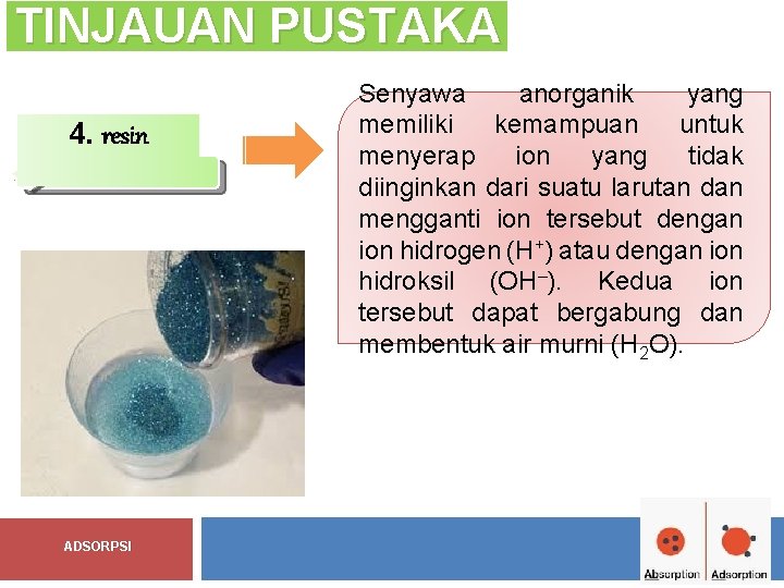 TINJAUAN PUSTAKA 4. resin ADSORPSI Senyawa anorganik yang memiliki kemampuan untuk menyerap ion yang